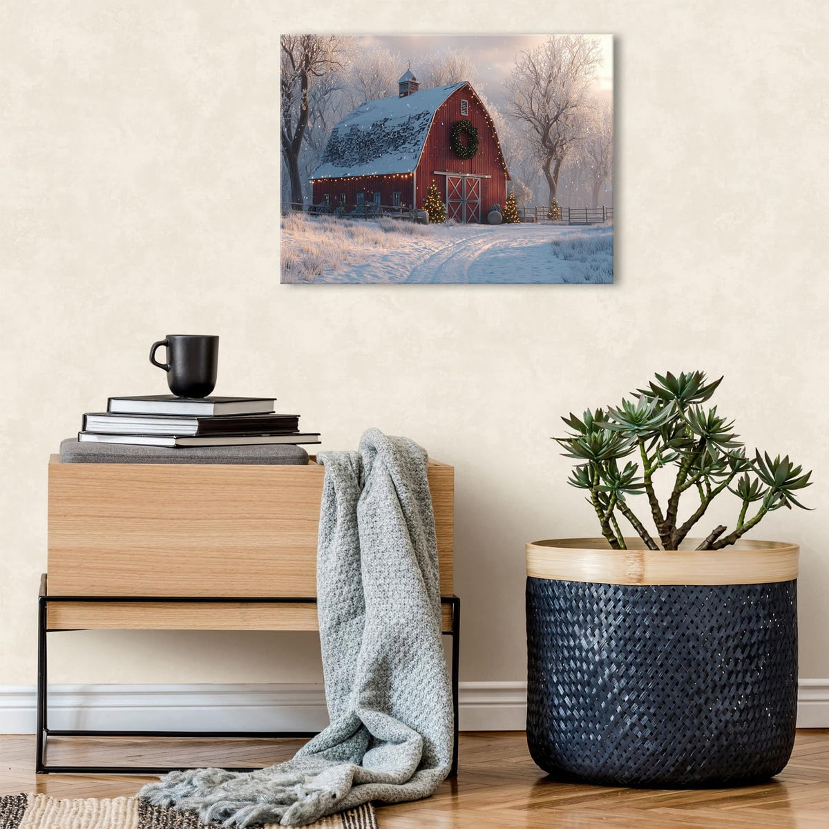 Christmas Farmhouse Canvas Wall Art Red Barn Pictures Wall Decor Christmas Tree Poster Vintage Snowy Country Prints Artwork Winter Snow Scenic Painting for Living Room Bedroom Home Decorations 12x16" (16"L x 12"W / Xmas Barn)