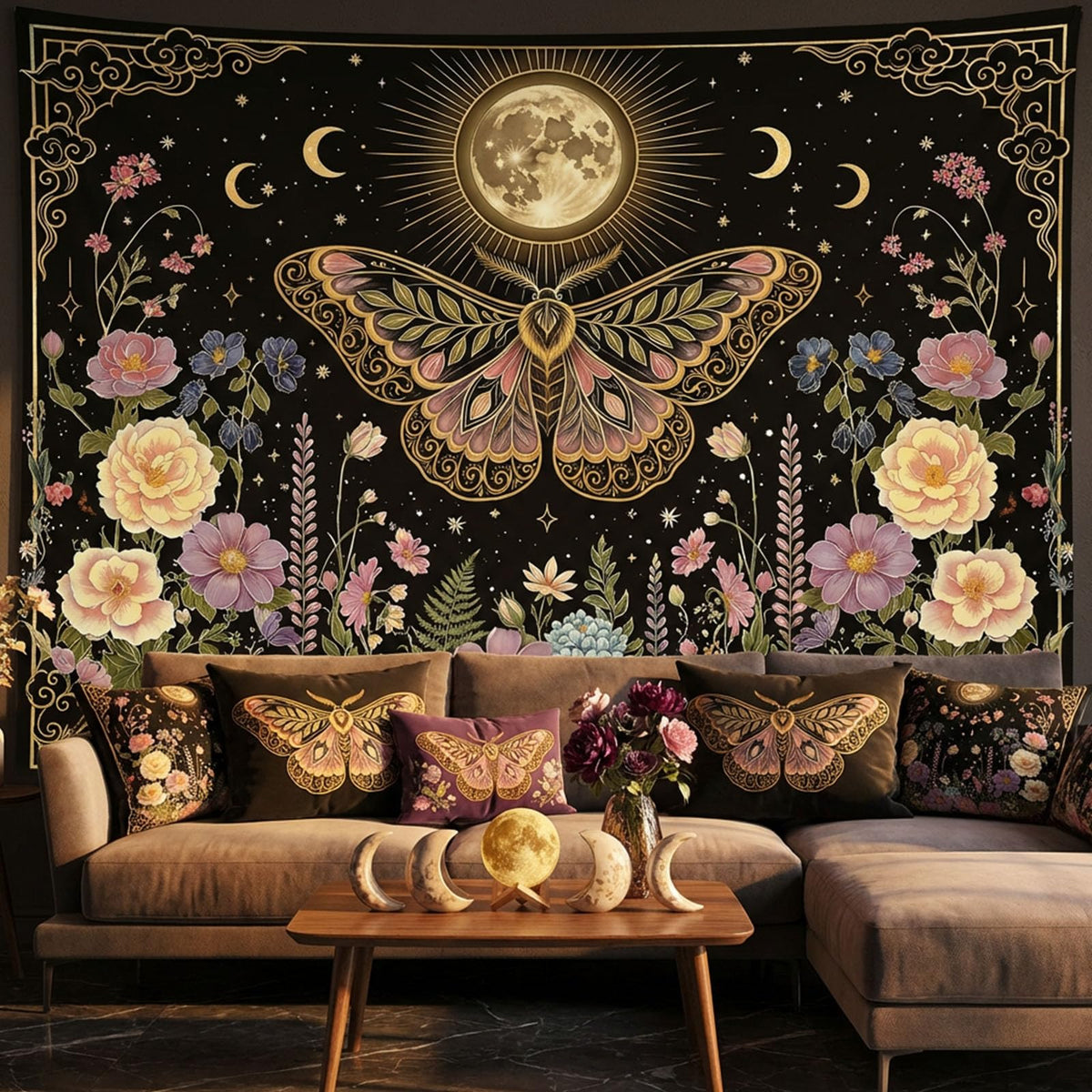Tapestry Moon Moth and Floral Tapestries Witchy Cottagecore Tapestries Mystical Nature Wall Tapestry Bedroom Dormitory Living Room Decoration 60"x44" (Black Pink / 60"L x 44"W)