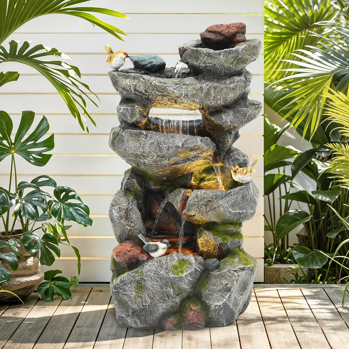 31.5" Multi Tier Rock Outdoor Water Fountain with LED Lights (31.5"h Weathered Gray)
