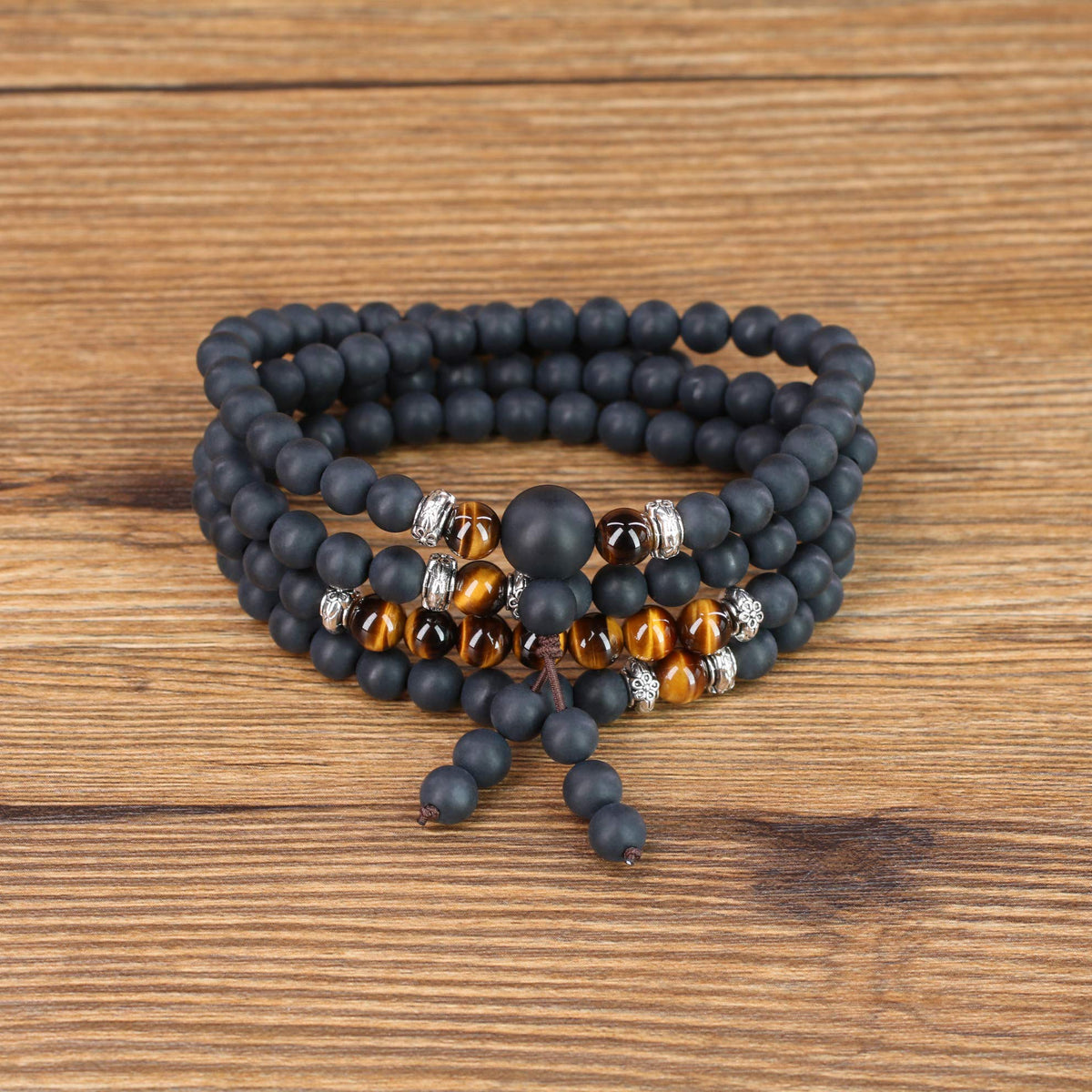 AmorWing 108 Mala Beads Brown Tiger Eye Matte Onyx Semi Precious Stone Bracelet Necklace (Tiger Eye)