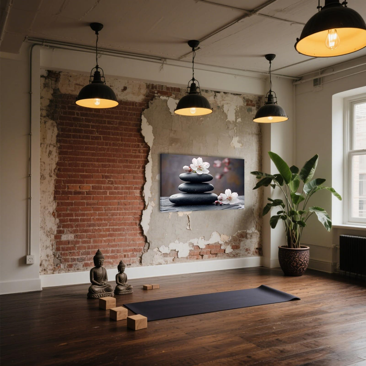 Zen Canvas Wall Art Black Stones with Cherry Blossoms Print Framed Artwork Poster for Yoga Meditation Room Spa Bathroom Decor (WE000050-6 / 24"L x 16"W)
