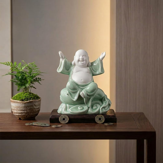 8.2" Ceramic Laughing Buddha (Green / 8.2INCH)