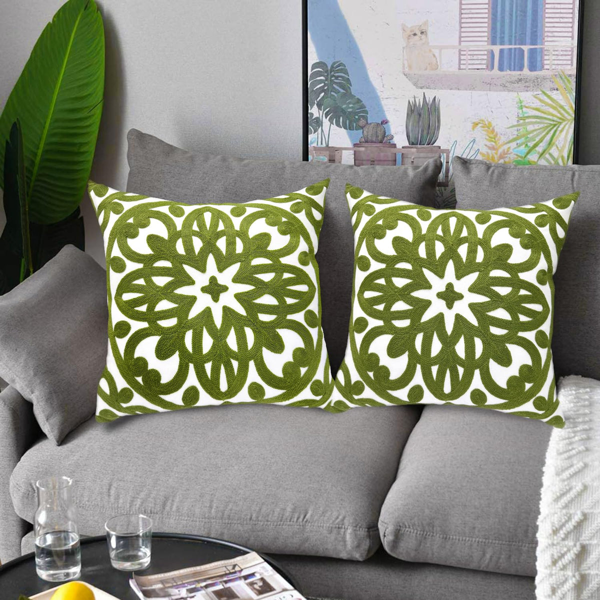 Embroidered Decorative Throw Pillow Cover 18"x 18" Set of 2 (Green / 18" x 18" (Pack of 2))