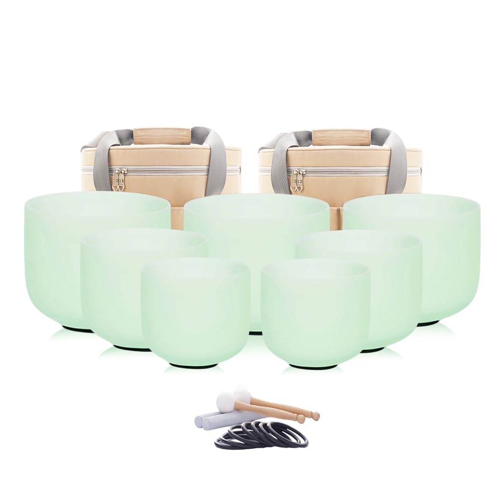 432hz Crystal Singing Bowl Set of 7 Mint Green Chakra Sound Bowls (7-12 Inch 432hz Mint green 7pcs)