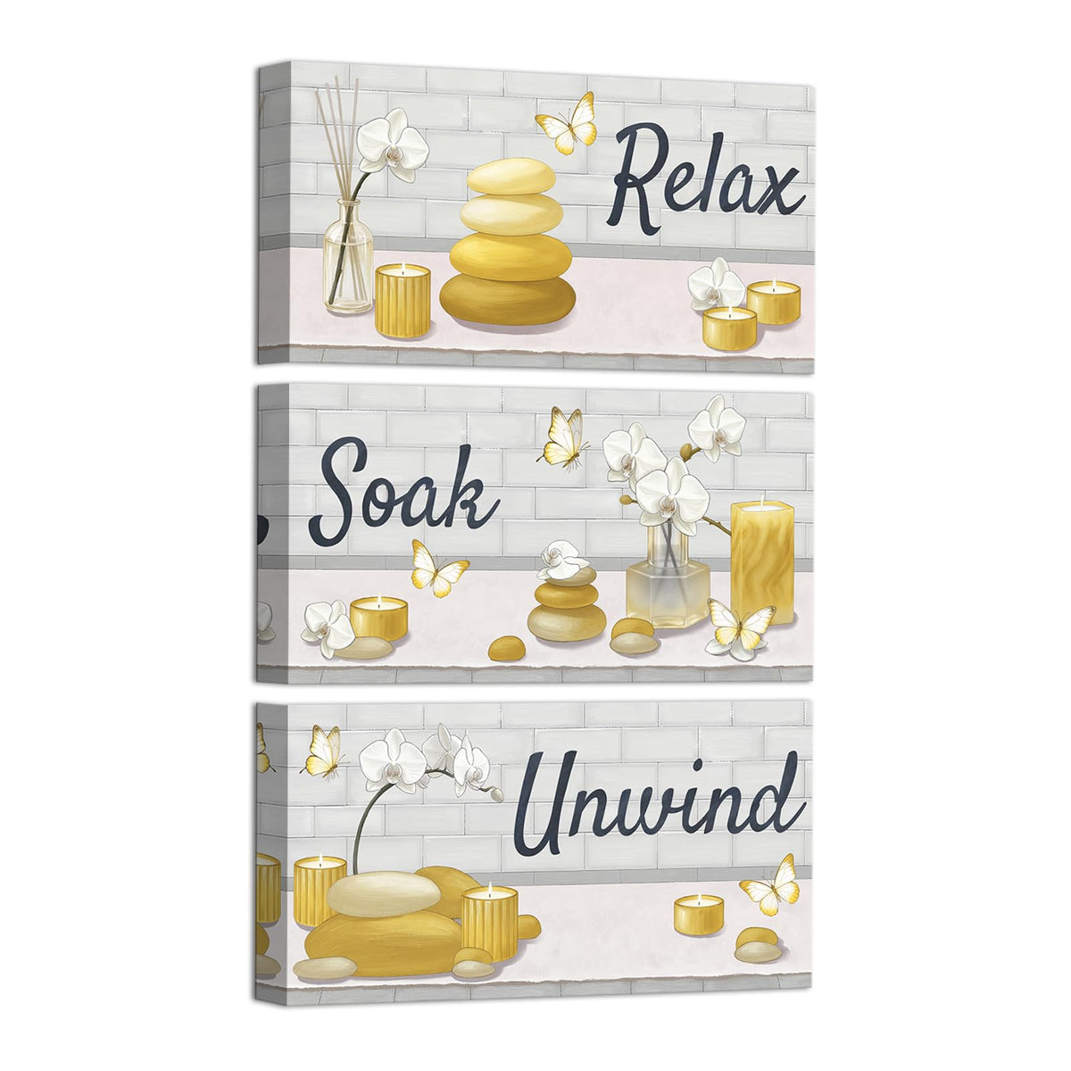 Yellow Bathroom Wall Art Zen Pictures Canvas Painting for Zen Meditation Room Wall Decor Framed 8"x16" for Each (Yellow)