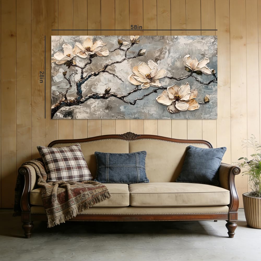 White Magnolia Canvas Wall Art Floral Branch Painting Grey Abstract Faux Texture Flat Print Gallery Wrapped Artwork for Living Room Bedroom Bathroom Decor (Bohemian / White Magnolia Blossoms 4 / 58"L x 28"W)