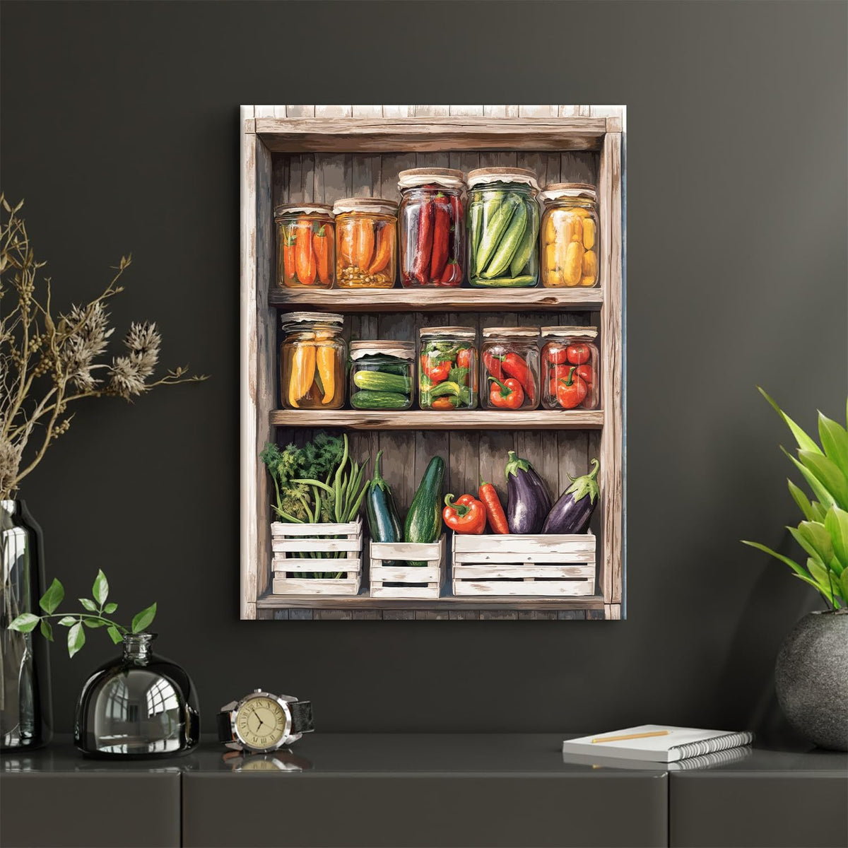 Rustic Kitchen Wall Art Mason Jar Canvas Pictures for Dining Room Farmhouse Vegetables Food Prints Pictures Colorful Still Life Painting Vintage Spices Herb Poster Artwork Home Decorations 12x16" (16"L x 12"W / Kitchen)