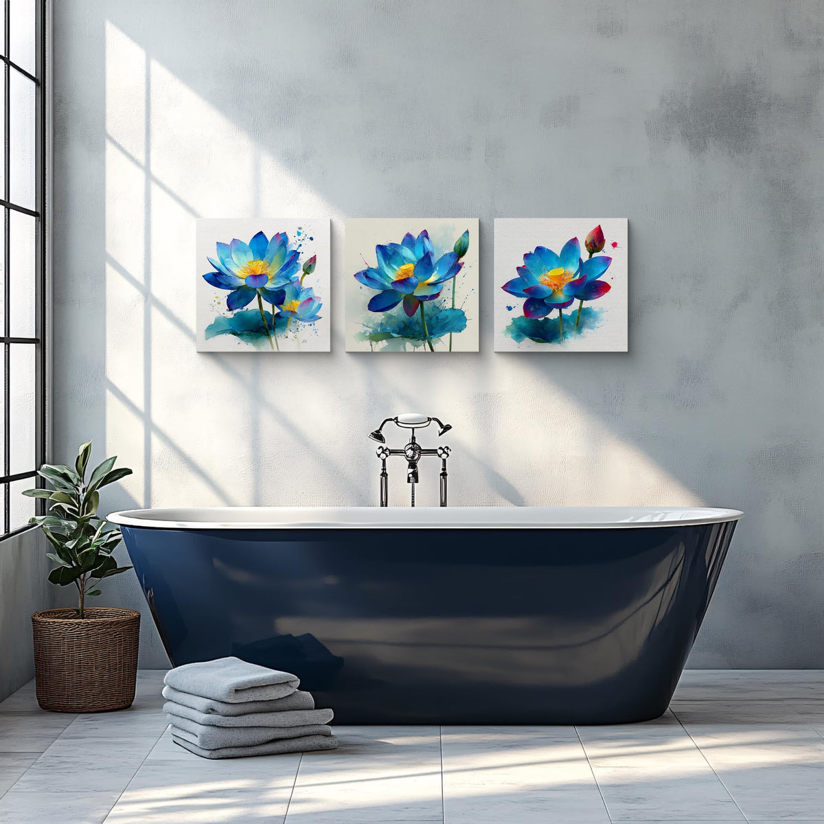 3Pcs Blue Lotus Watercolor Canvas Wall Art Print Blooming Flower Yellow Center Teal Purple Petals Botanical Floral Pictures for Bedroom Bathroom Living Room Decor Zen Artwork Ready to Hang (Blue Lotus / 14x14inchx3)