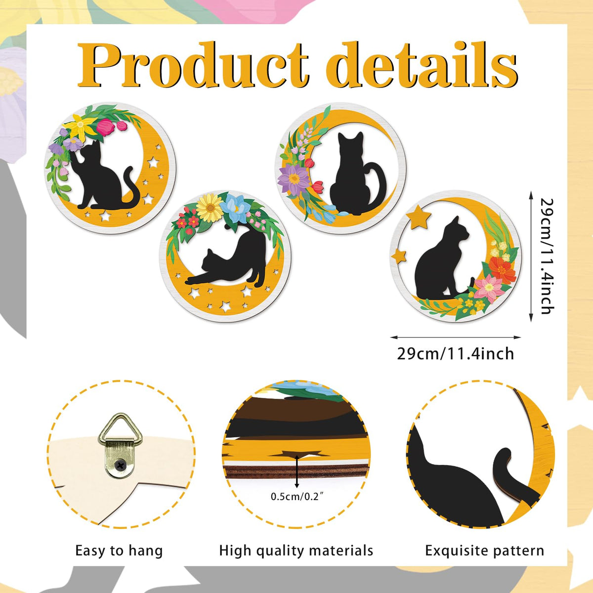 Boho Cat Moon Wall Decor Floral Black Cats Wooden Wall Art (4pcs Boho Cat Moon Wall Decor)