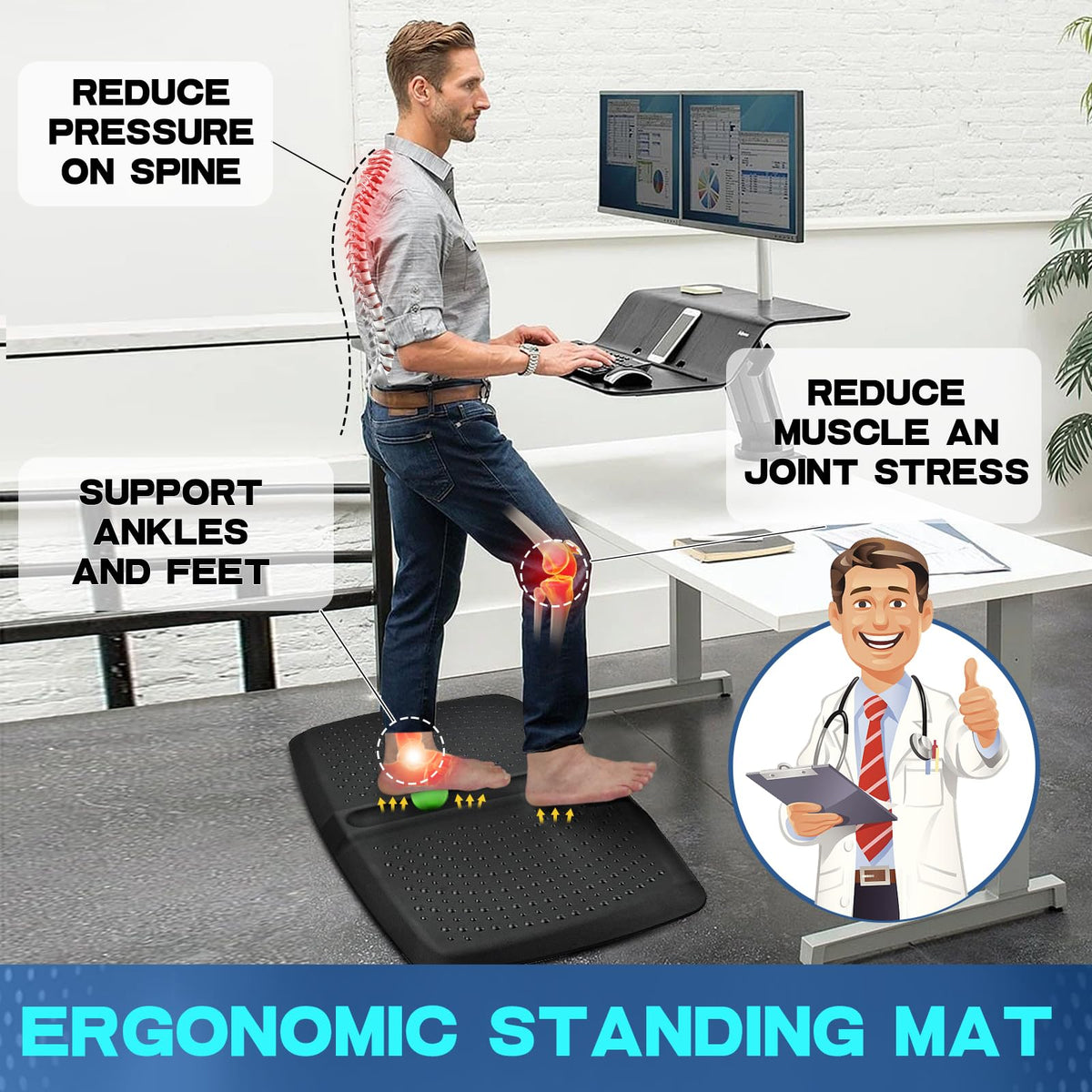 1 inch Thick Anti Fatigue Kitchen Mat Standing Mat with Massage Ball (28"L x 17"W x 1"Th)