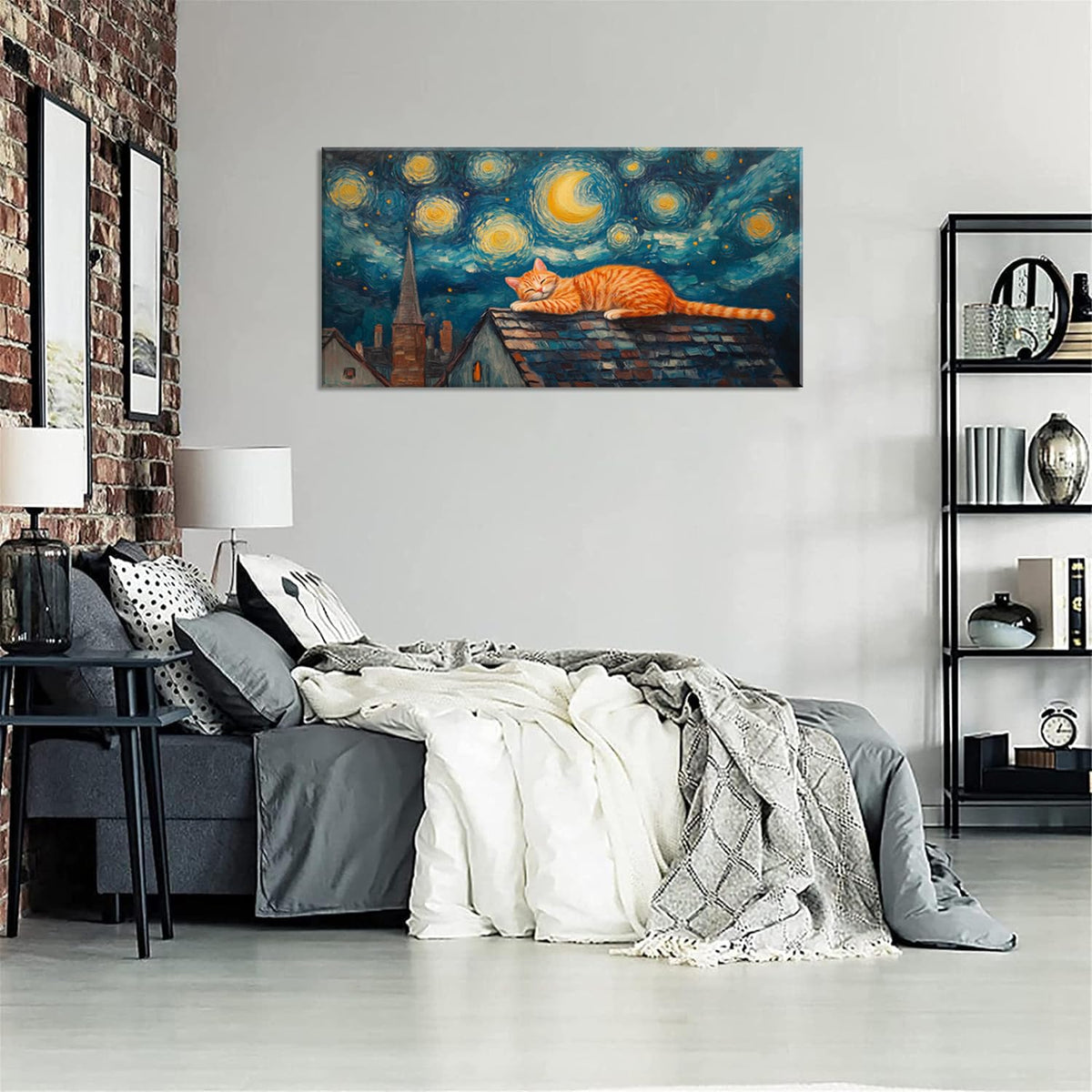 Navy Blue Starry Night Orange Cat Wall Art for Living Room Canvas Painting Prints Abstract Sleep Dream Sky Picture Vintage Artwork Office Bedroom Kids Room Decor Extra Large (58L" x 28W" / Multi Colors Wall Art(k829))