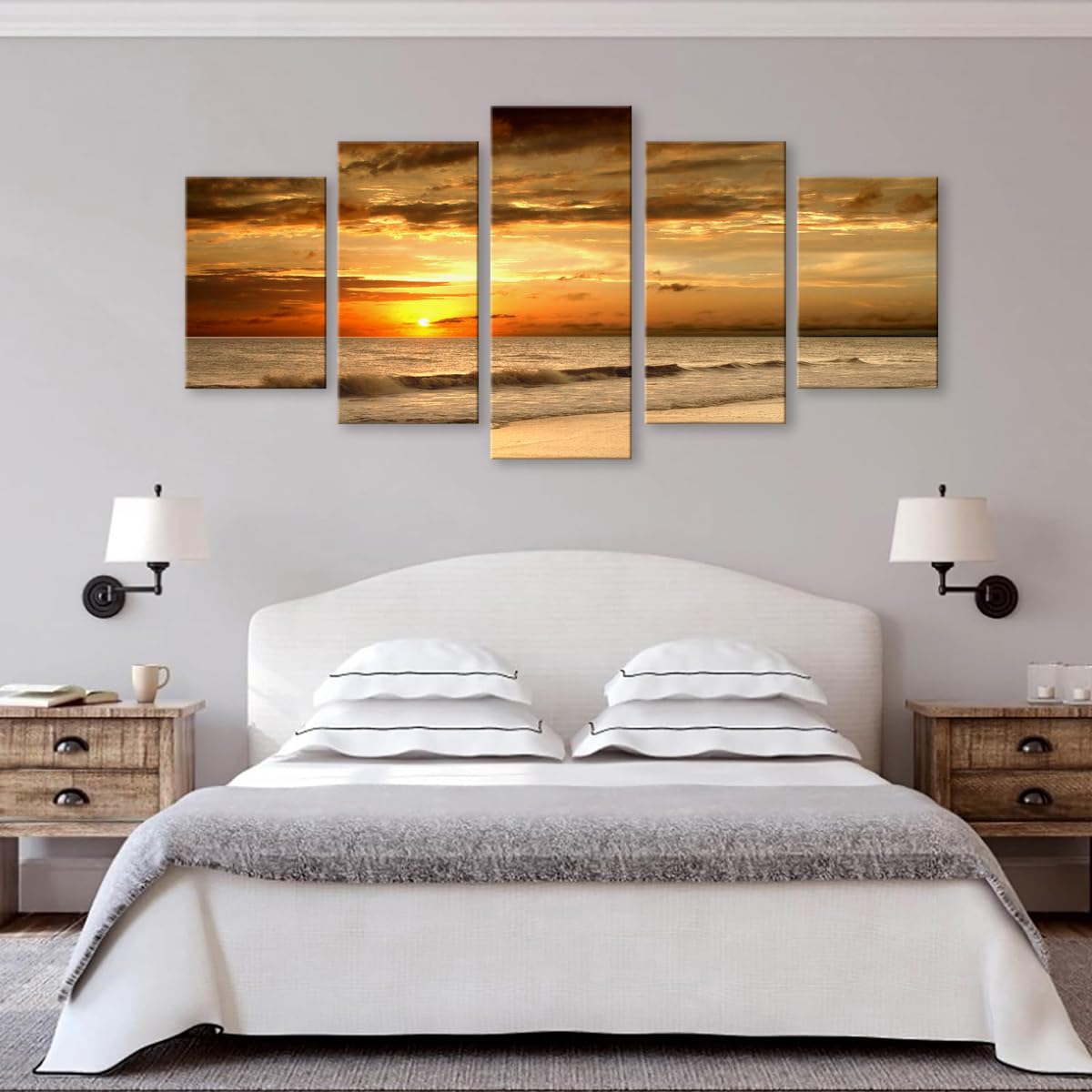 5 Parts Ocean Wave Canvas Wall Art Beach Dusk sea View Sunset Pictures Coastal Nature Artwork Blue Sea Painting Prints for Living Room Bedroom Home Office Decoration (16x24inchx2,16x32inchx2,16x40x1 / Artwork4)