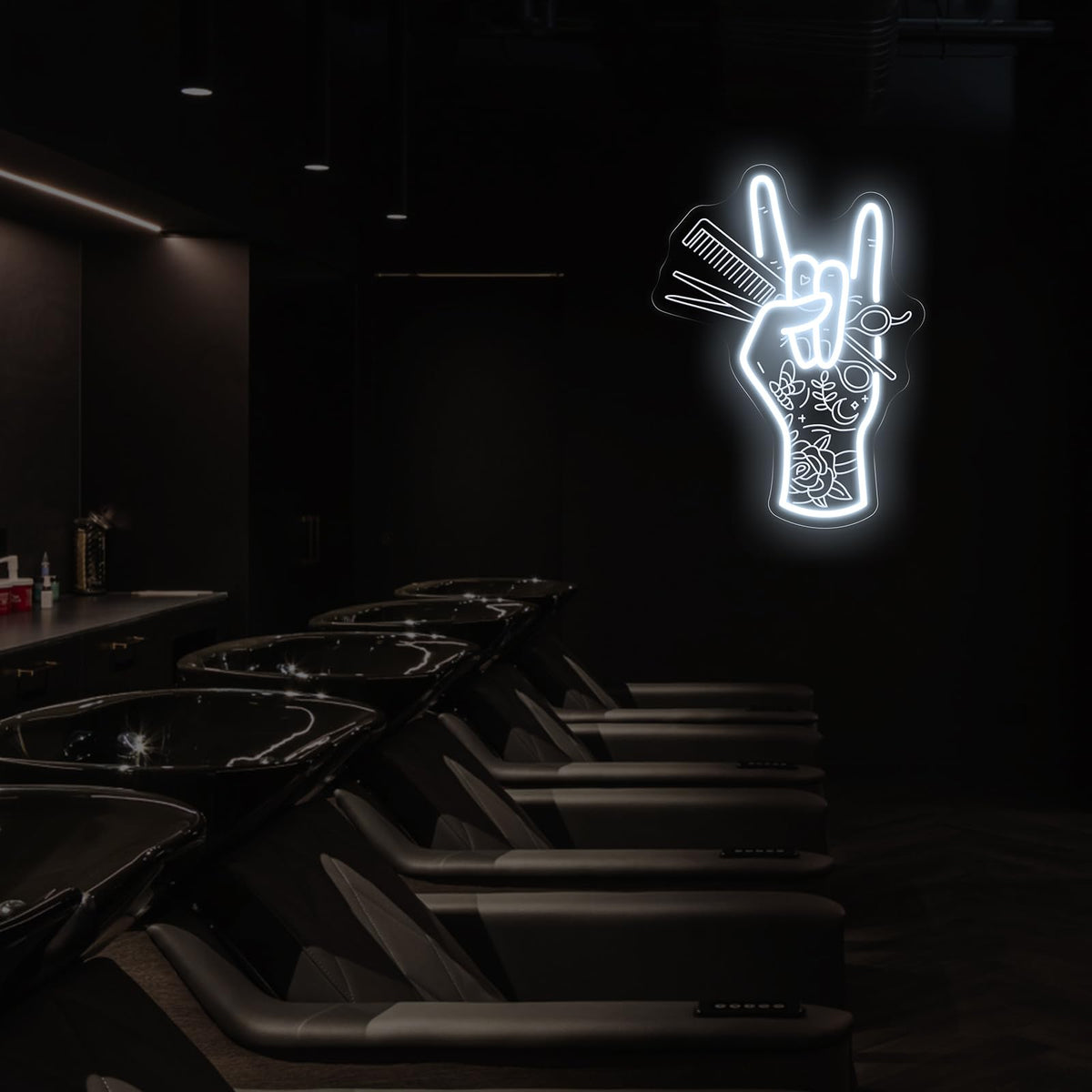 Stylish Hand Holding Scissors and Comb Neon Sign Hair studio Led Light (Hand Scissors)