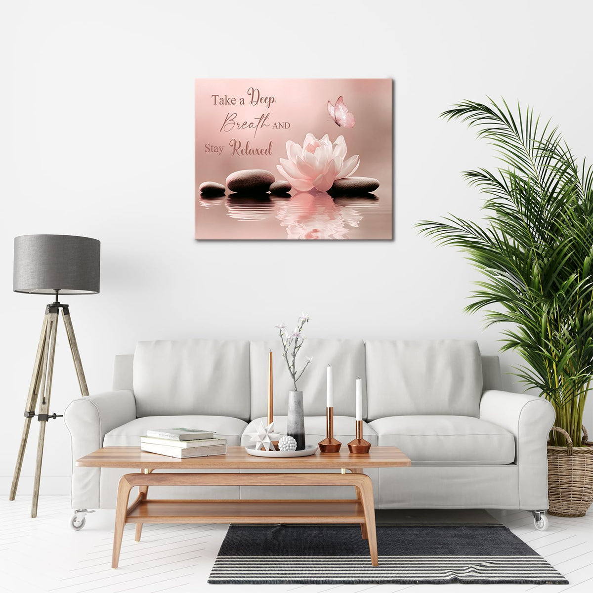 Zen Floral Pink Framed Wall Art Water Lily Flower and Stone Butterfly Inspirational Quotes Canvas Wall Art Modern Spiritual Yoga Spa Pictures for Bedroom Office Wall Decor (12"L x 16"W / Pink)