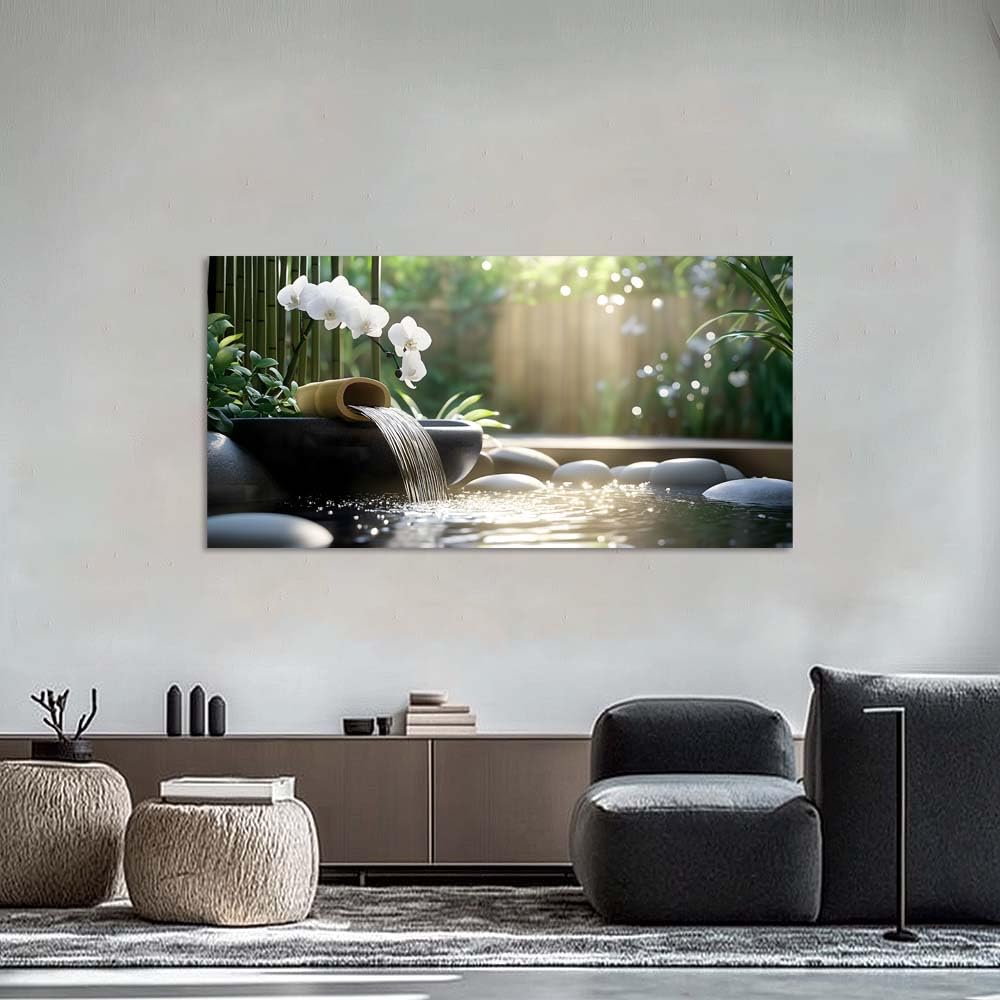 Zen Garden Canvas Wall Art Bamboo Water Fountain White Orchid Painting Flat Print Gallery Wrapped Relaxing Artwork for Living Room Bedroom Bathroom Decor (Mysterious / Black Orchid Waterfall 31 / 40"L x 20"W)