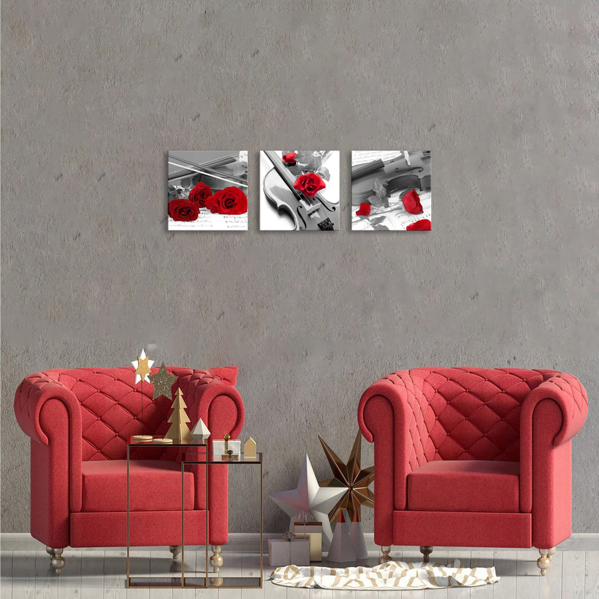 Canvas Print 3 Pcs Black and White Red Rose Canvas Art Painting Abstract Wall Art Decorations Flower Picture on Canvas for Home Decor Stretched and Framed (20 x 20 inches (3-Piece Set) / Violin and Rose)