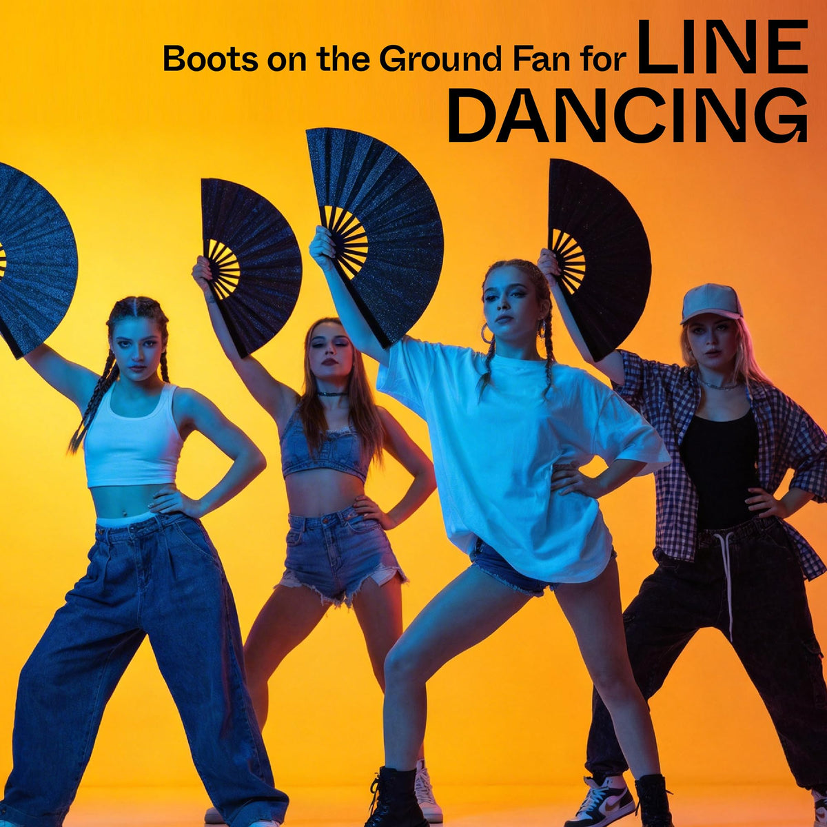 Glitter Line Dancing Rave Fans (Black)