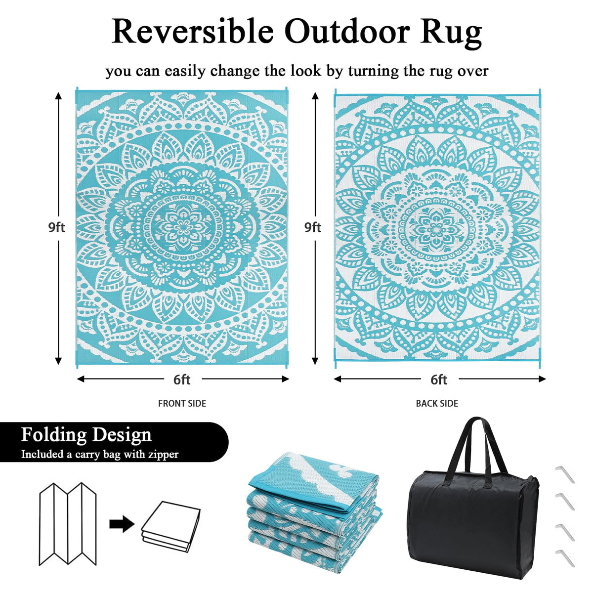 Waterproof Outdoor Rug 6'x9' Reversible Boho Plastic Straw Patio Deck Camping Rugs (Flower Teal / 6' x 9')