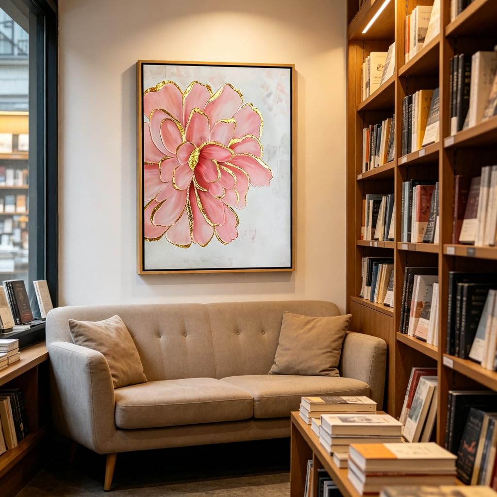 Framed Pink Peony Flower Canvas Wall Art Modern Pink and Gold Floral painting Decor Pictures Abstract flowering Posters Prints for Corridor Living Classroom Bedroom Woman Room Decoration (Flower / 24"L x 16"W)