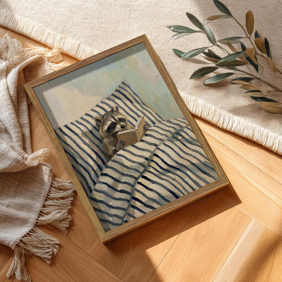 Funny Raccoon Reading Wall Art (Raccoon Lies In Bed Reading A Book / 16"L x 12"W)