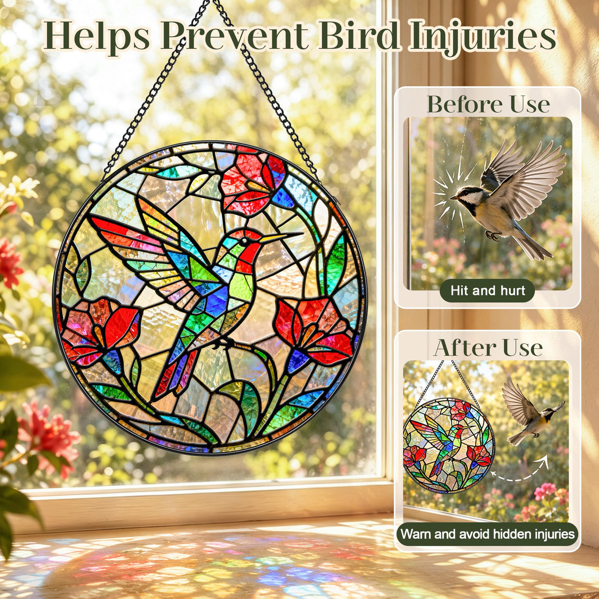 Hummingbird Suncatcher Stained Glass Window Hanging (Red Hummingbird 6.3)