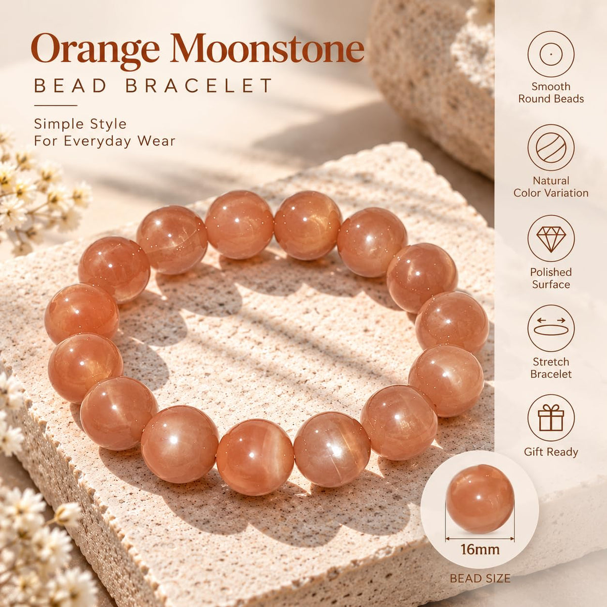 16MM Sunstone Bracelet for Women Men (16MM Sunstone Bracelet)