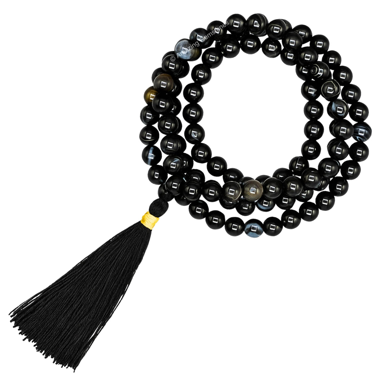 Black Banded Agate Sulemani Hakik Stone Buddhist Prayer Beads Japa Mala with 108 Meditation Beads (Without Knots / Black Banded Agate)