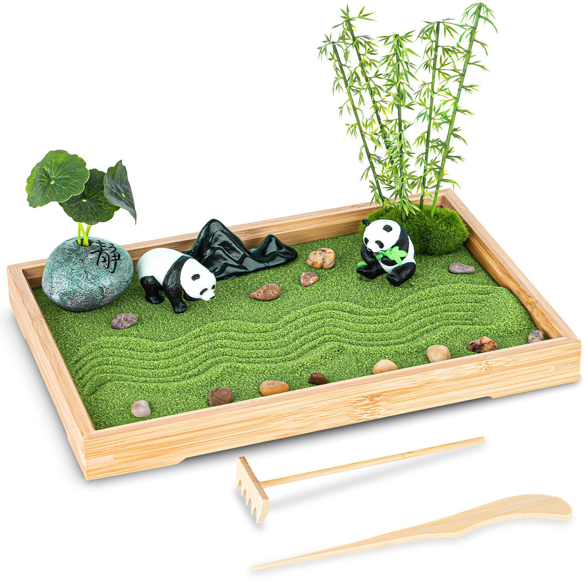 Zen Garden Kit for Desk 11''x7.5'' Room Decor with Green Sand (Panda Bamboo)