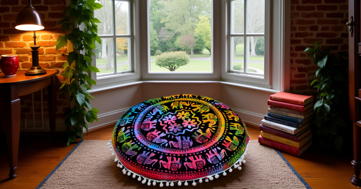 22" Round Mandala Boho Pillow Cover Meditation Room Seating Poufs Cover for Living Room Yoga Room Home Bedroom Balcony Garden Party Decoration Cotton Floor Cushion Cover (22" / Multi U.p Elephant)