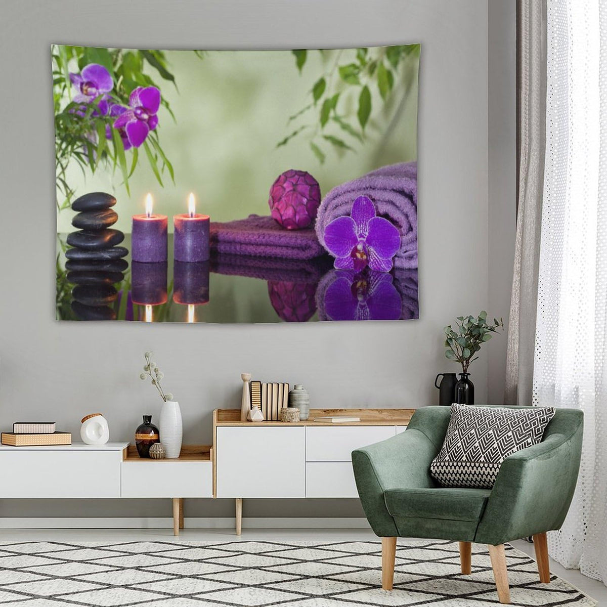 Spa Zen Tapestry Wall Hanging Asian Stones Purple Candles Orchids Bloom Aromatic Tapestries Home Decor for Living Room Bedroom Farmhouse Kitchen Dorm 60"x80" (60"L x 80"W / Zen-5)
