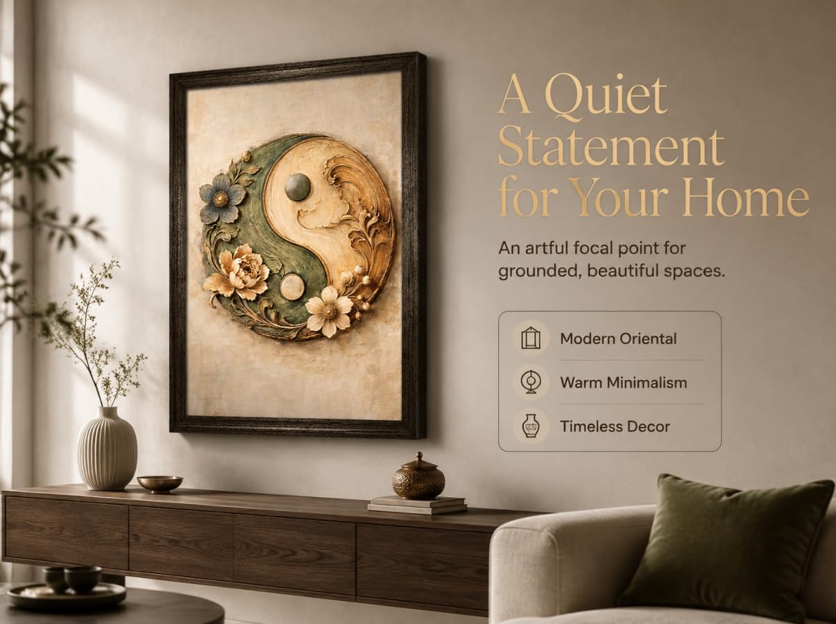 Vintage Oriental Zen Framed Wall Art Textured Relief Yin Yang Symbol with Peony Floral Print Wabi‑Sabi Japandi Moss Green Gold Neutral Earth Tone Meditation Yoga Room Living Room Wall Decor (Yin‑Yang Floral / 24"L x 16"W)