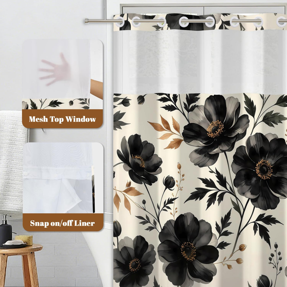 Black Floral Shower Curtain with Snap in Liner (Black Floral)