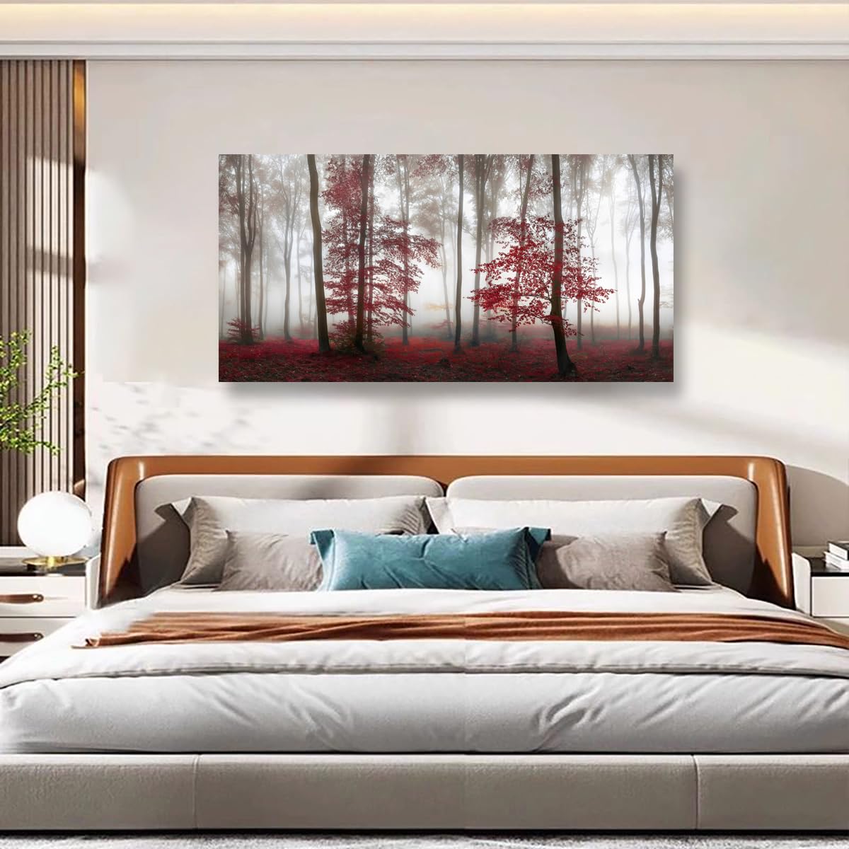Misty Forest Pictures Canvas Wall Art for Living room Office Bedroom Wall Decor (48"L x 24"W / Misty Red Forest)