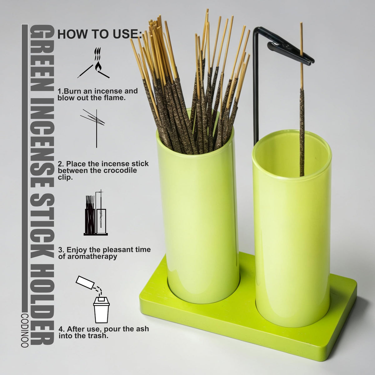 2 in 1 Incense Holder for Sticks (Solid Apple Green / 2 tall glass)