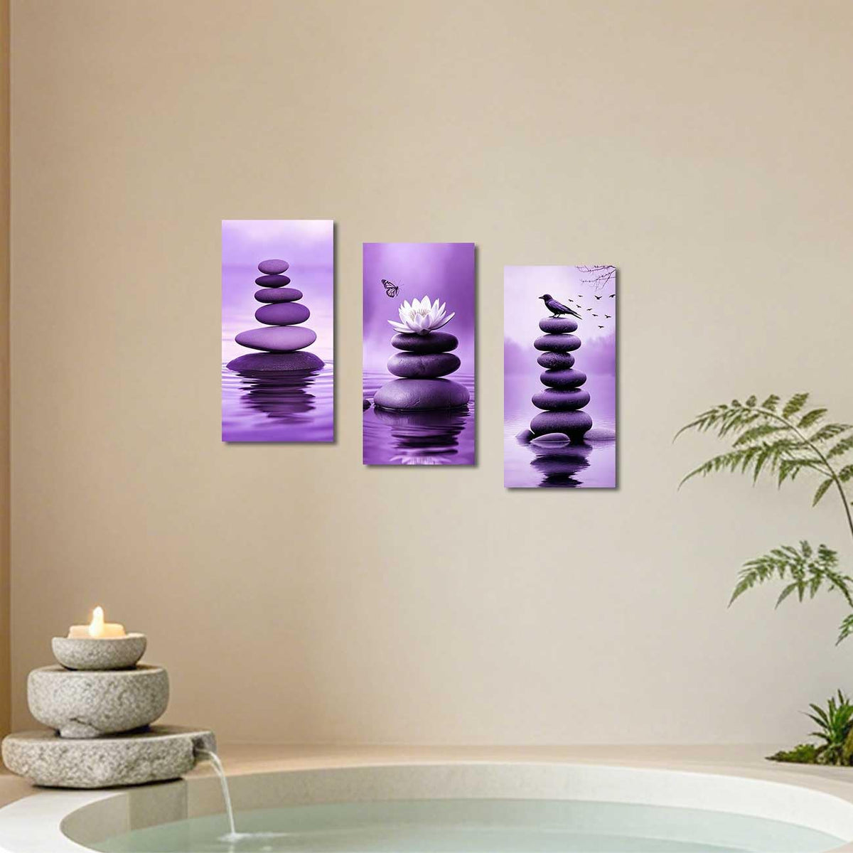 Set of 3 Zen Bathroom Canvas Wall Art Prints Purple Zen Stone & Bird Poster Water Lily with Butterfly Paintings Picture Yoga Meditation Artwork Spa Room Decor (Purple / 40x20inx3 Pieces)