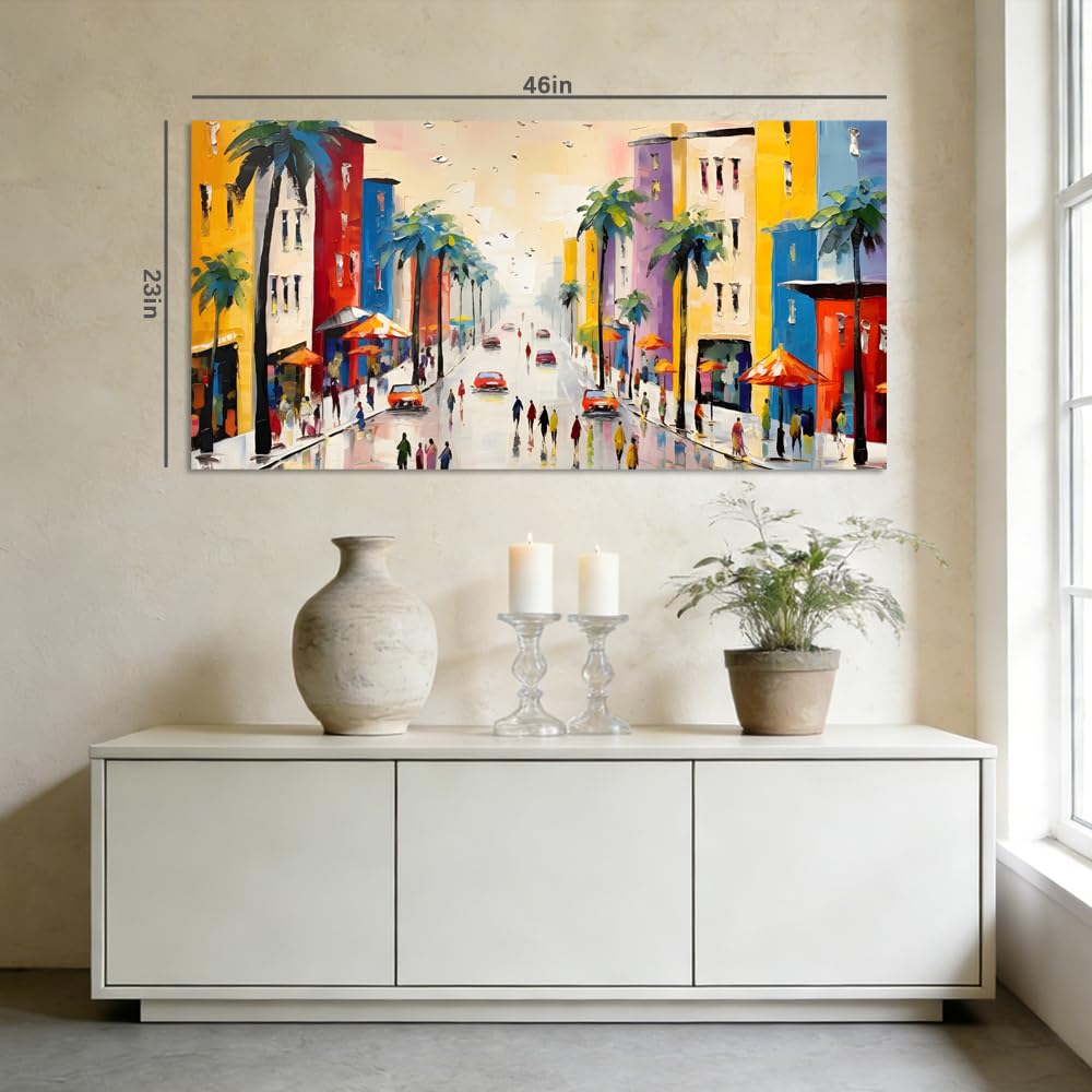 Colorful City Street Canvas Wall Art Vibrant Tropical Palm Tree Painting Print Gallery Wrapped Faux Impasto Coastal Town Artwork for Living Room Bedroom Bathroom Decor (Abstract / White Street 5 / 40"L x 20"W)