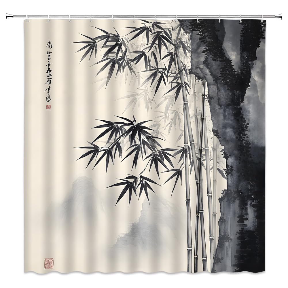 Bamboo Shower Curtain Japanese Mountain Traditional Asian Style with Black and White Ink Painting Oriental Zen Bathroom Decor Polyester Curtains with Hooks (Grey / 70"W x 90"L (Pack of 1))