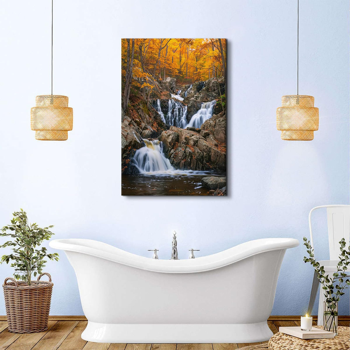 Autumn Orange Forest Wall Art Nature Waterfall Wall Decor Forest River Landscape Picture National Park Posters Rustic Trees Canvas Painting Artwork for Bathroom Living Room Home Decoration 32x48" (48"L x 32"W / Fall Waterfall)