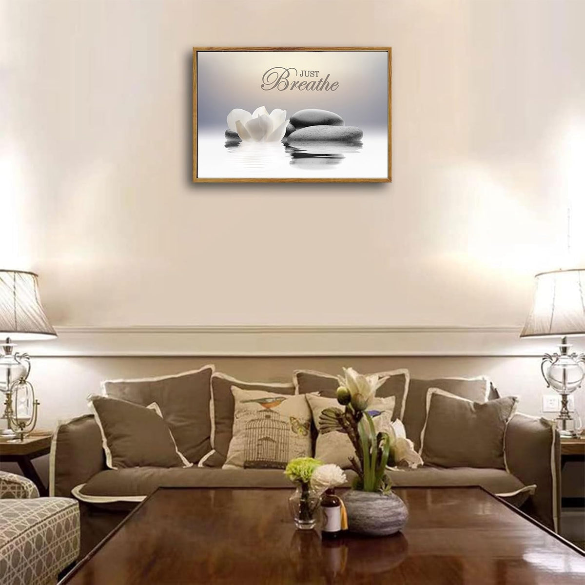 Zen Stone Wall Art White Lotus Flower Prints Artwork Modern Zen Spa Poster Just Breathe Yoga Quotes Pictures Wall Decor for Yoga Room office Bathroom Meditation room 12 x 16 in Unframe (Zen Stone Poster / 12"L x 16"W)