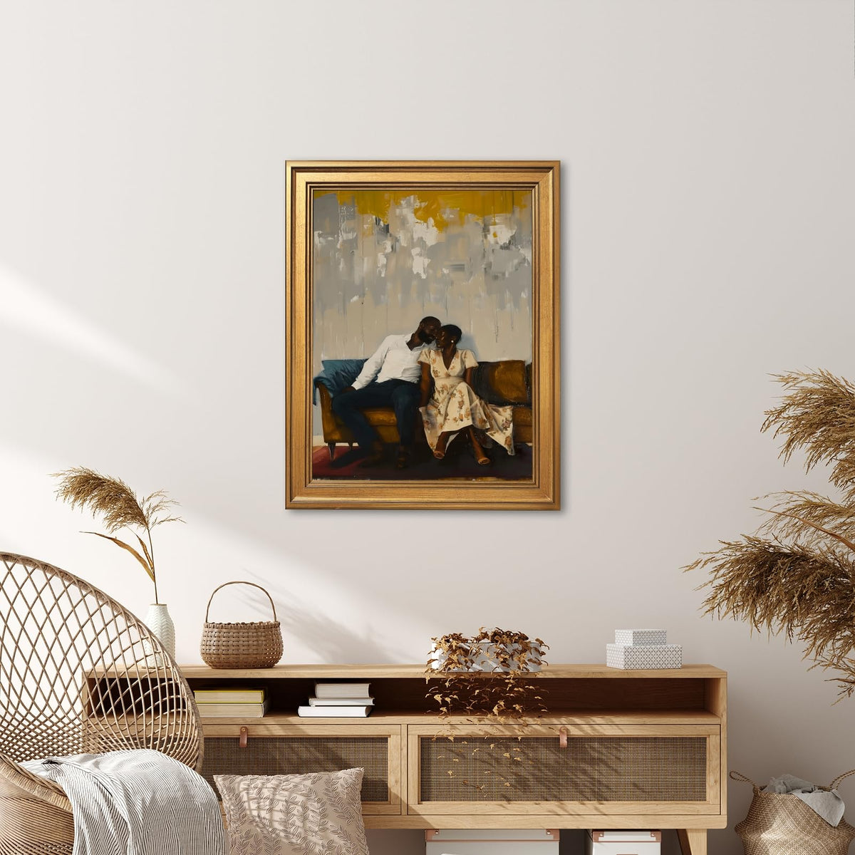 Gold Framed Black Couple Love Poster Prints Romantic African American Black Man & Woman Canvas Painting Wall Art Affectionate Romance Picture Anniversary Artwork for Bedroom Home Decor 16x20inch (16"L x 20"W / Black Lover)