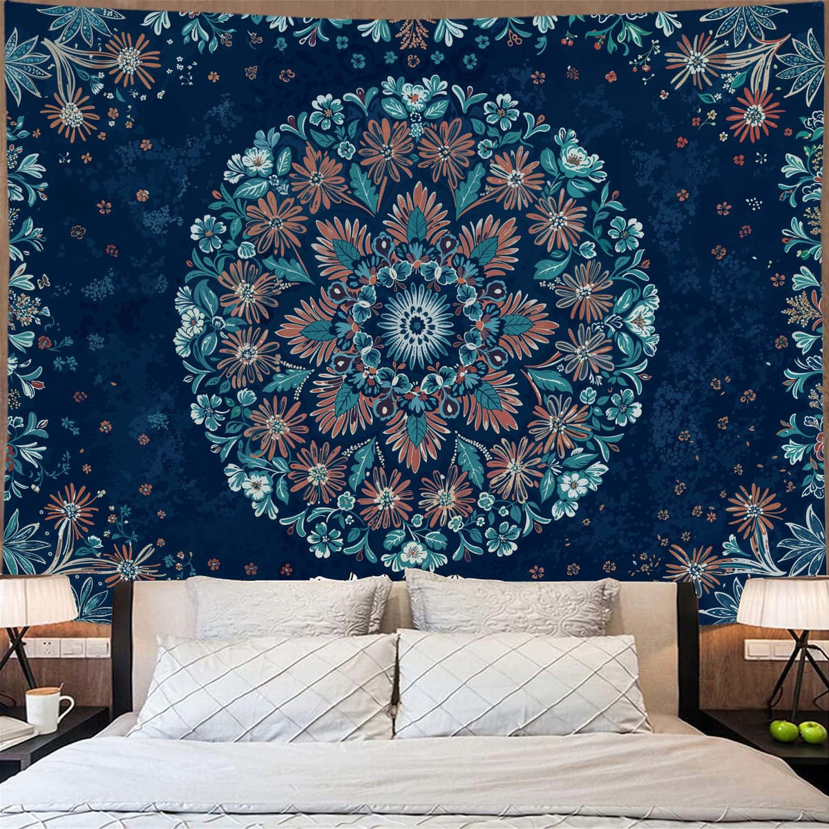 Boho Floral Mandala Tapestry Wall Hanging Blue Bohemian Flower Medallion Tapestry Aesthetic Vintage Navy Hippie Indian Large Tapestries for Bedroom Living Room Dorm Decor 80 x 60 Inch (Navy Blue / 80"L x 60"W)