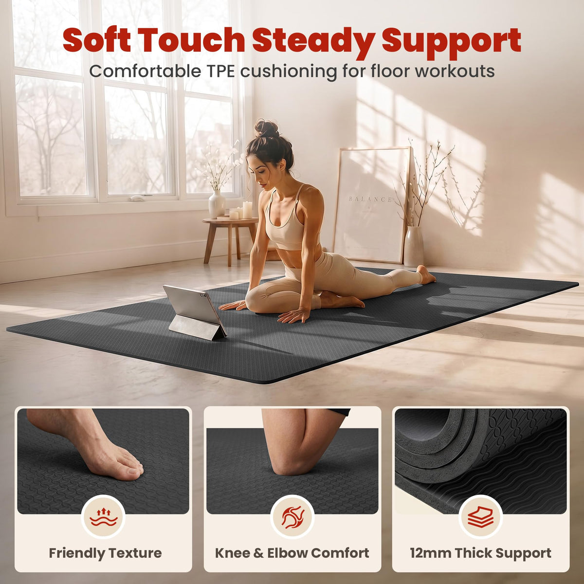 Extra Large Yoga Mat (72" X 48" X 0.5" Black)