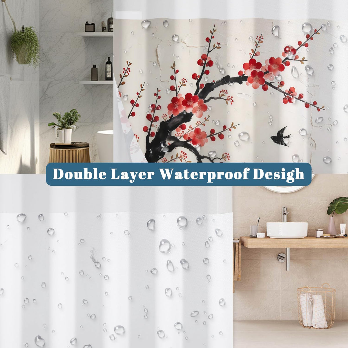 Plum Blossom Shower Curtain with Snap in Liner (Red Plum Blossom)